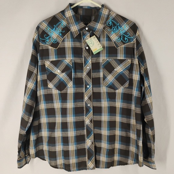 Roper Tops - Roper Women's 1X Embroidered Brown/Blue Pearl Snap‎ Rodeo Western Style Shirt